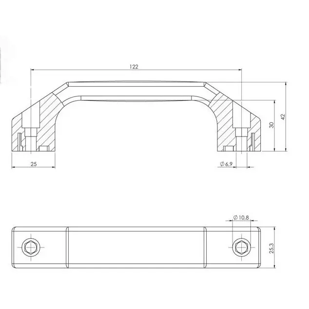 Grab handle, plastic, 122 mm, dimensioned drawing in millimetres