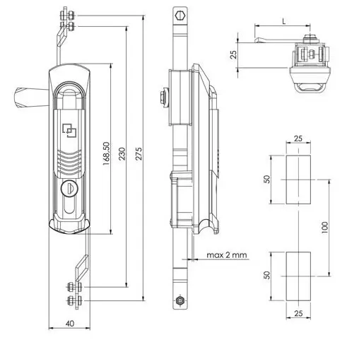 Swing handle, zinc, keyed alike, with padlock device, dimensioned drawing in millimetres