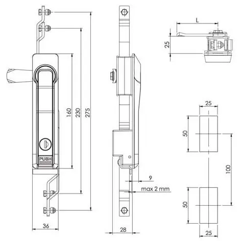 Swing handle, zinc, chrome plated, keyed alike, dimensioned drawing in millimetres