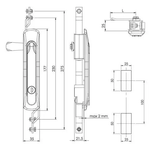 Swing handle, polyamide, black, keyed alike, dimensioned drawing in millimetres