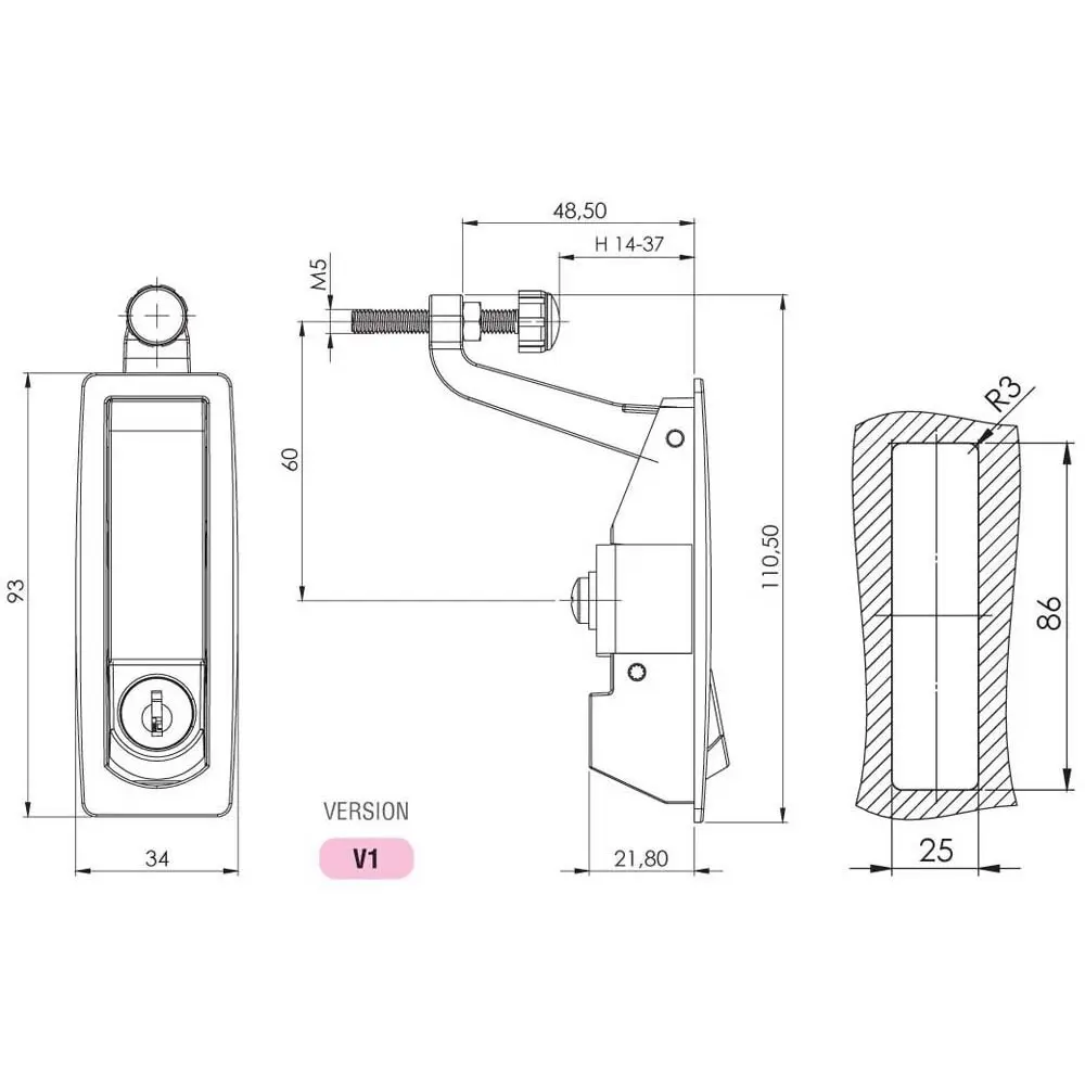 Dimensioned drawing, Compression lock, long latch, zinc, black
