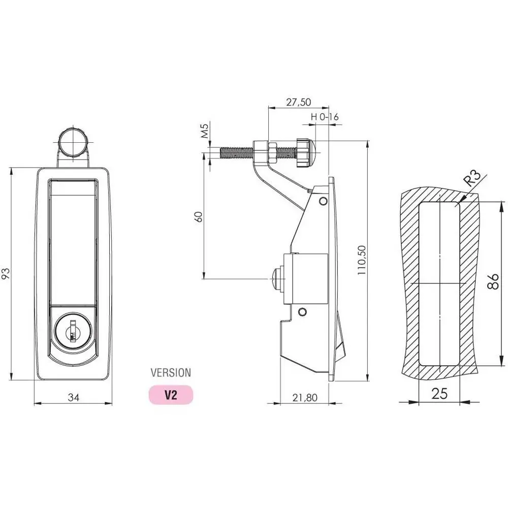 Compression lock, short latch, zinc, black, dimensioned drawing in millimetres