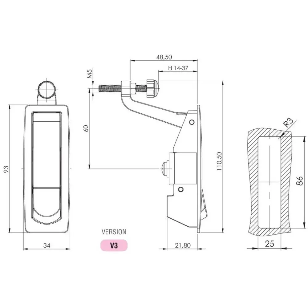 Compression latch, non-locking, long, zinc, black, dimensioned drawing in millimetres