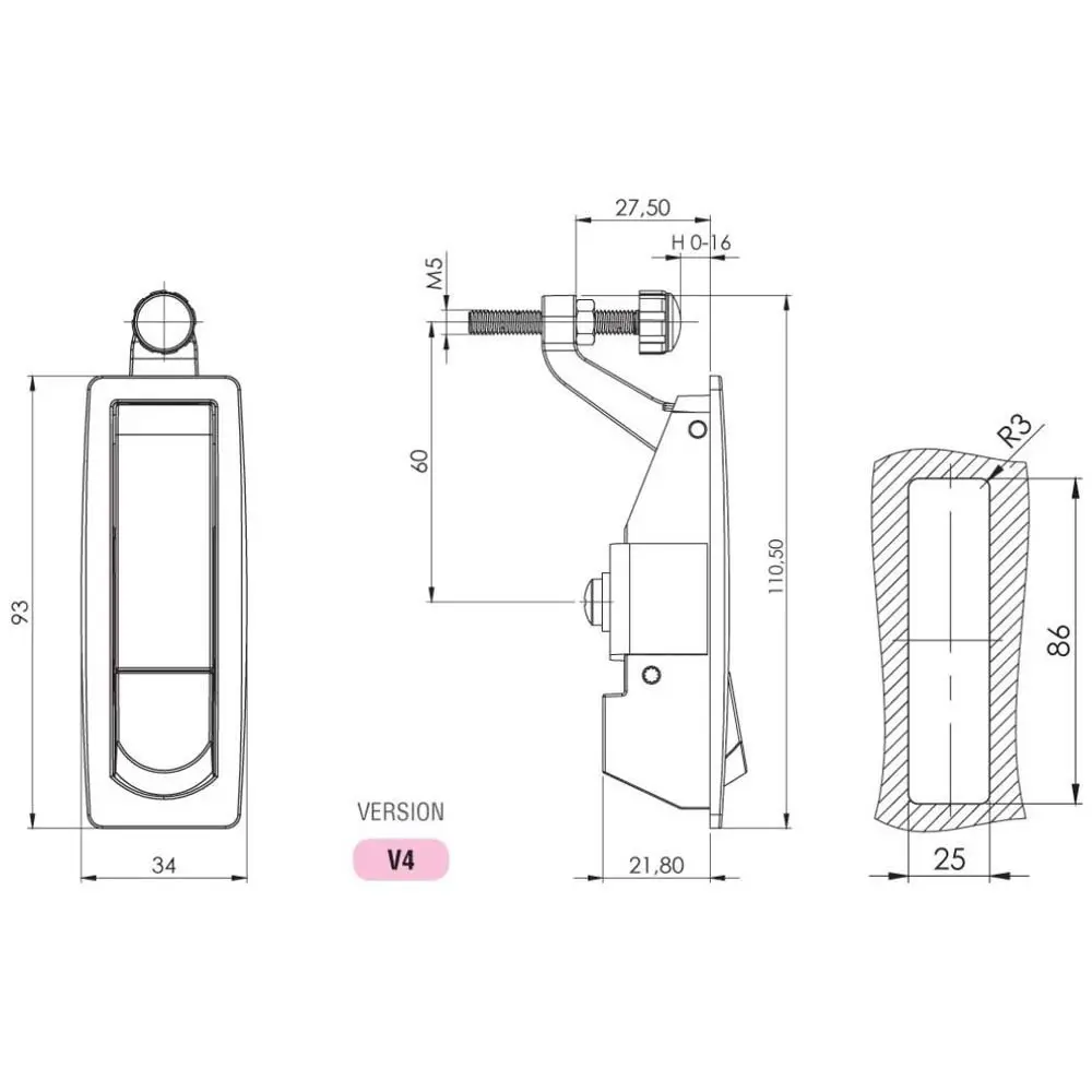 Compression latch, non-locking, short, zinc, black, dimensioned drawing in millimetres