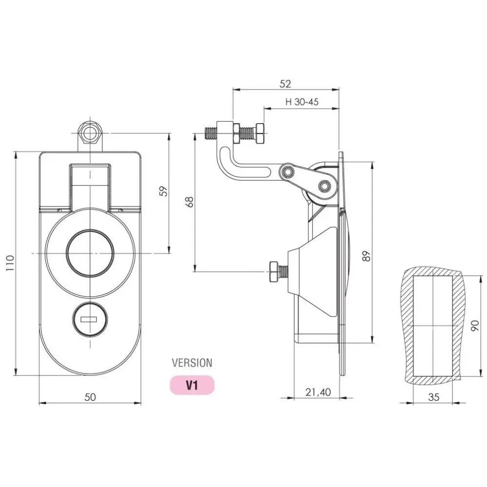 Compression latch round locking, long, keyed alike, zinc, black, dimensioned drawing in millimetres