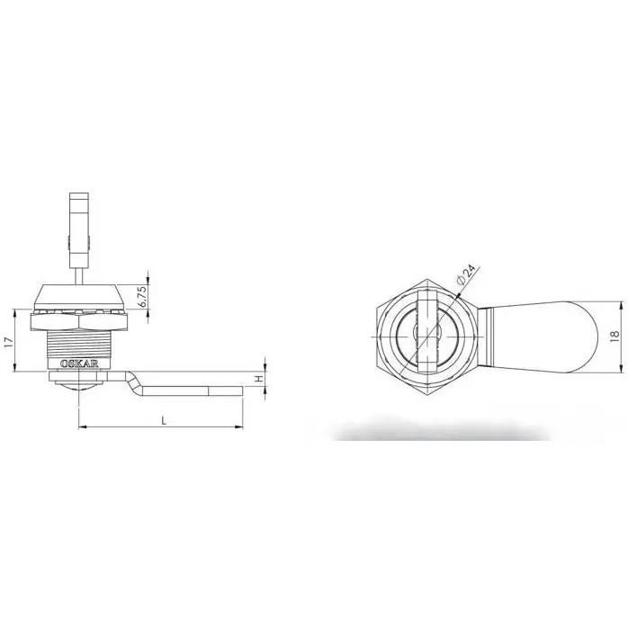 Cam lock, zinc, keyed alike, dimensioned drawing in millimetres