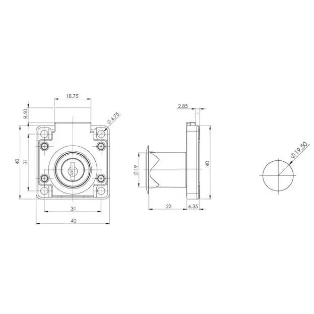 Drawer lock, dimensioned drawing in millimetres