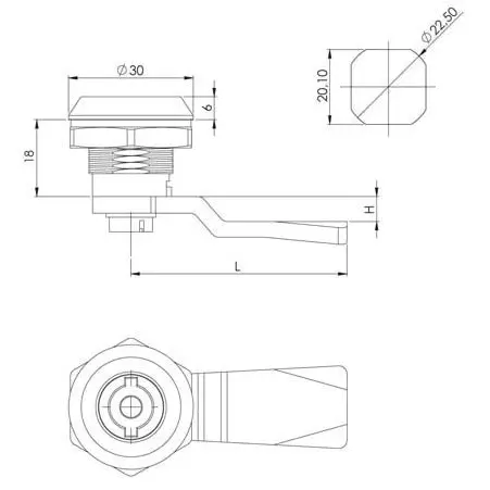 Quarter-turn cam lock, zinc, chrome plated, 8 mm square, dimensioned drawing in millimetres