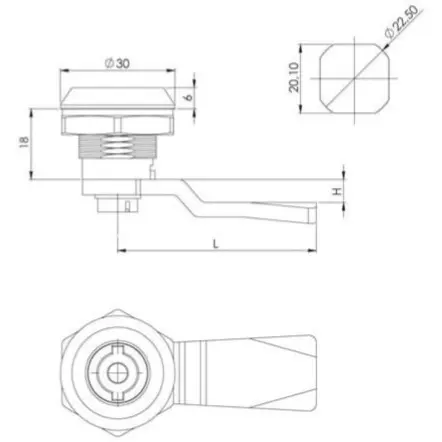Quarter-turn cam lock, zinc, chrome plated, 9 mm triangle, dimensioned drawing in millimetres