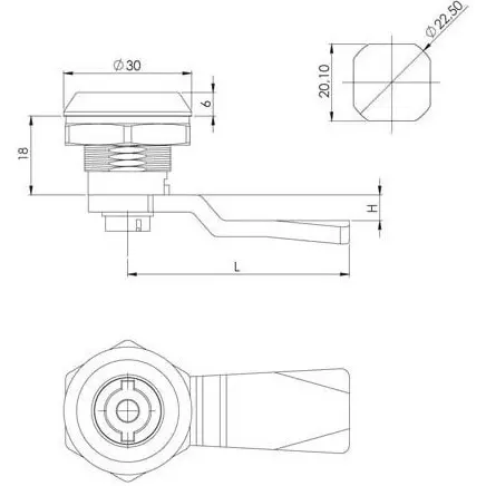 Quarter-turn cam lock, zinc, chrome plated, 5 mm double-bit, dimensioned drawing in millimetres