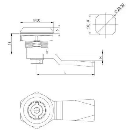 Quarter-turn cam lock, zinc, chrome plated, 6 mm Allen, dimensioned drawing in millimetres