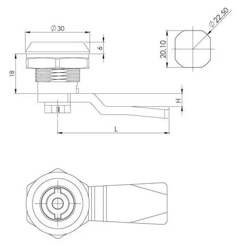 Quarter-turn cam lock, polyamide, 5 mm double-bit, dimensioned drawing in millimetres