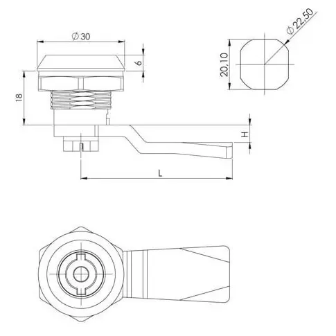 Quarter-turn cam lock, polyamide, 8 mm triangle, dimensioned drawing in millimetres
