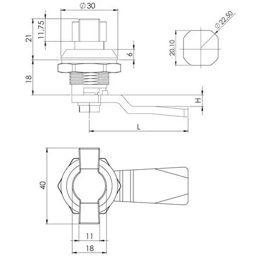 Quarter-turn cam lock, wing knob, zinc, black, dimensioned drawing in millimetres