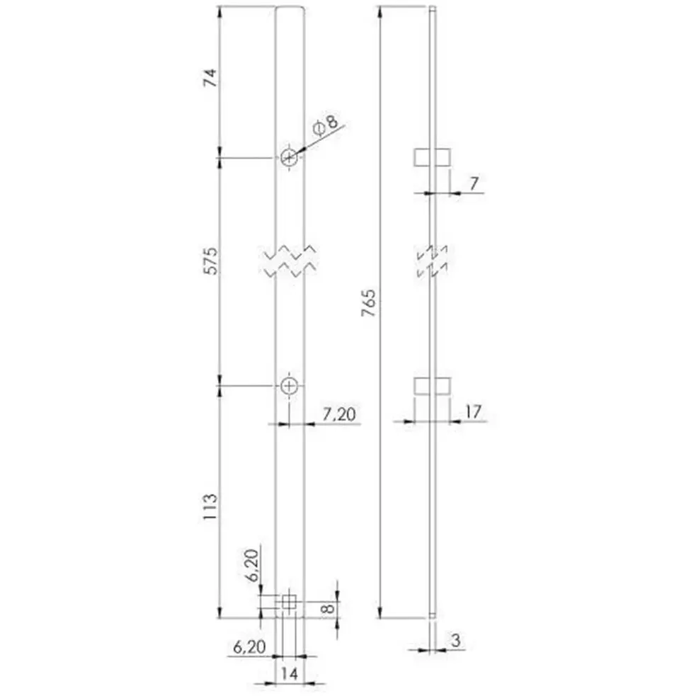 Rod for swing handle, 575 mm, dimensioned drawing in millimetres