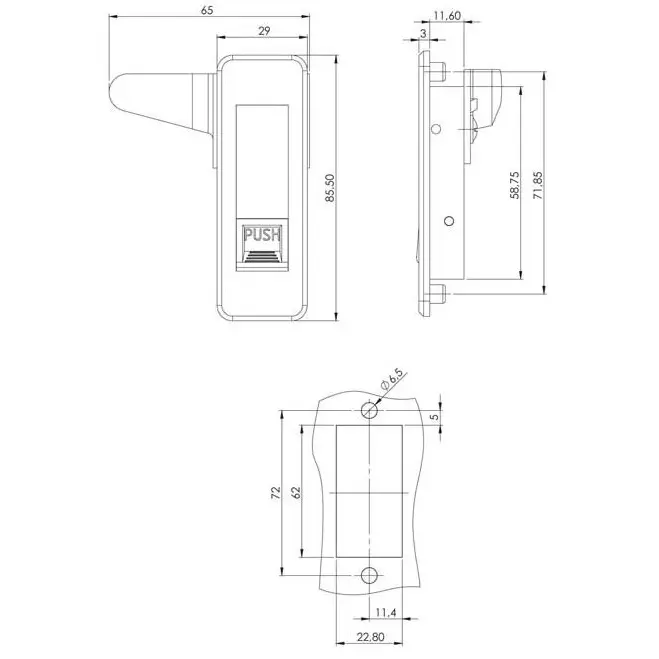 Panel lock, automatic, right, zinc body, steel cam, chrome plated, dimensioned drawing in millimetres