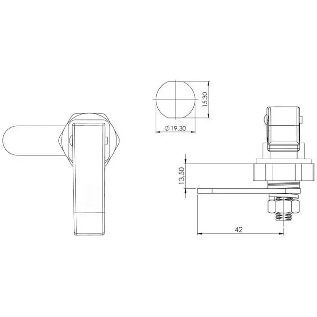 Panel lock, lift-and-turn, dimensioned drawing in millimetres