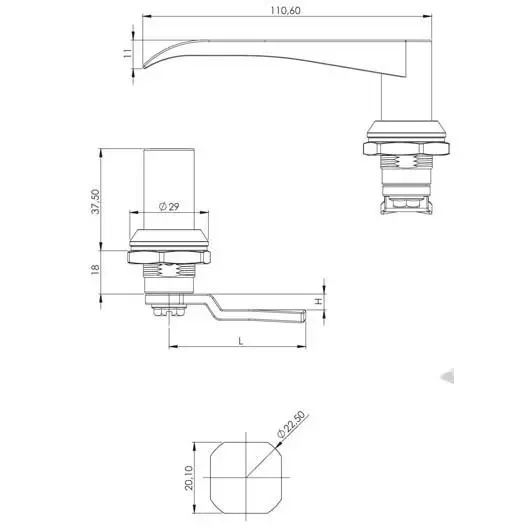 Lock, L handle, keyed alike, chrome, dimensioned drawing in millimetres