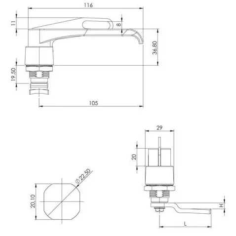 Lock, L handle, padlockable, black, dimensioned drawing in millimetres