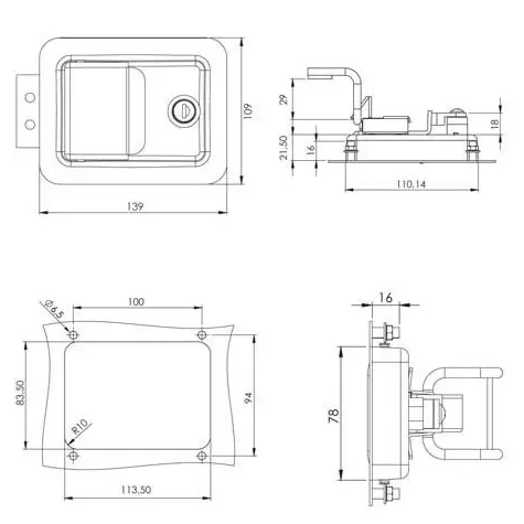 Push-to-close latch, steel, black, keyed alike, dimensioned drawing in millimetres