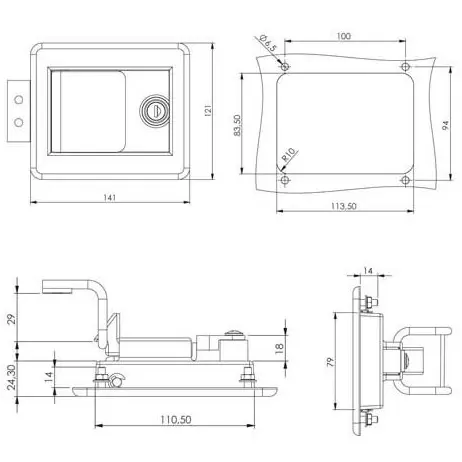 Push-to-close latch, polyamide, keyed alike, dimensioned drawing in millimetres