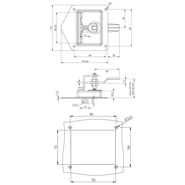 Truck toolbox lock, stainless steel, with padlock device, dimensioned drawing in millimetres
