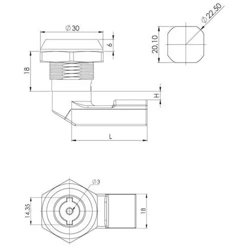Quarter-turn cam lock, black, polyamide, 270-6 with key, 3 mm double-bit, dimensioned drawing in millimetres