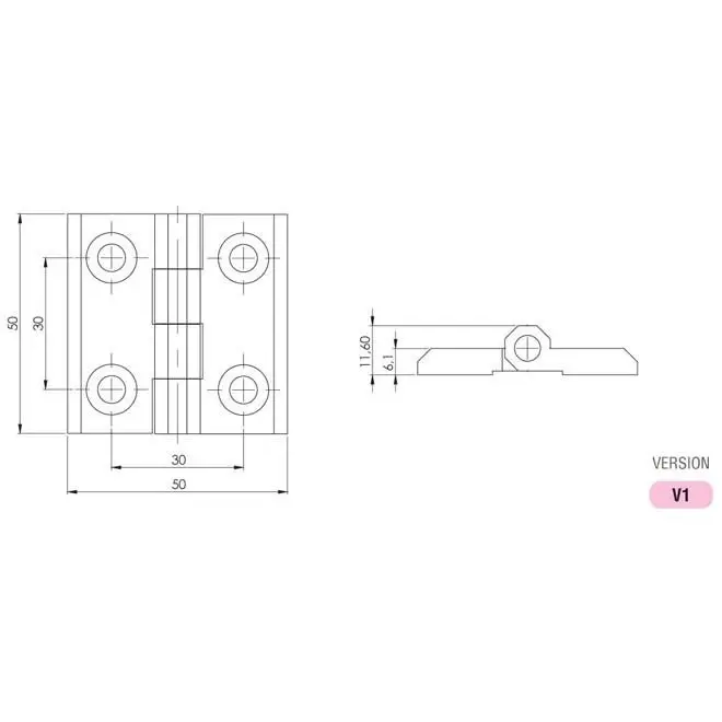 Hinge leaf, 50 × 50 mm, with holes, zinc, black, dimensioned drawing in millimetres