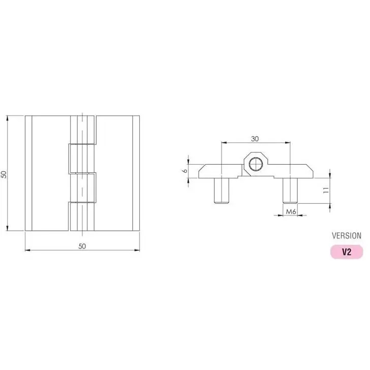 Hinge leaf, 50 × 50 mm, with studs, zinc, black, dimensioned drawing in millimetres