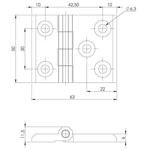 Hinge leaf, 50 × 63 mm, zinc, black, dimensioned drawing in millimetres