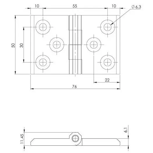 Hinge leaf, 50 × 76 mm, zinc, black, dimensioned drawing in millimetres