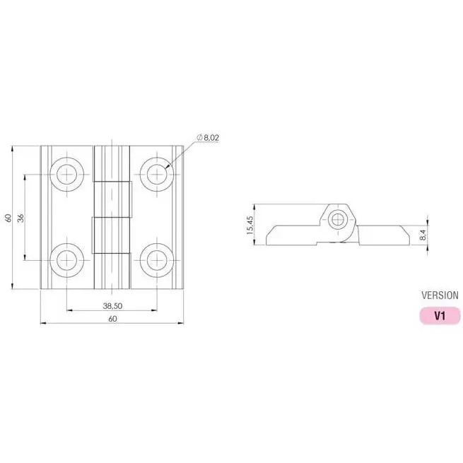 Hinge leaf, 60 × 60 mm, with holes, zinc, black, dimensioned drawing in millimetres