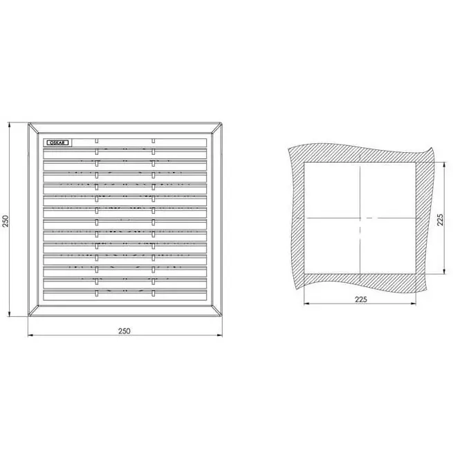 Ventilation shutter, 250 × 250 mm, black, dimensioned drawing in millimetres