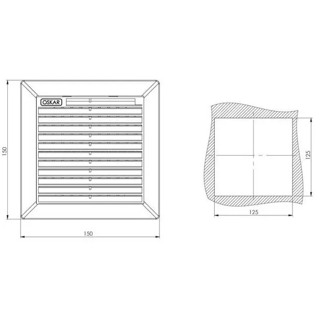 Vent, 150 × 150 mm, grey, plastic, snap-on type, dimensioned drawing in millimetres