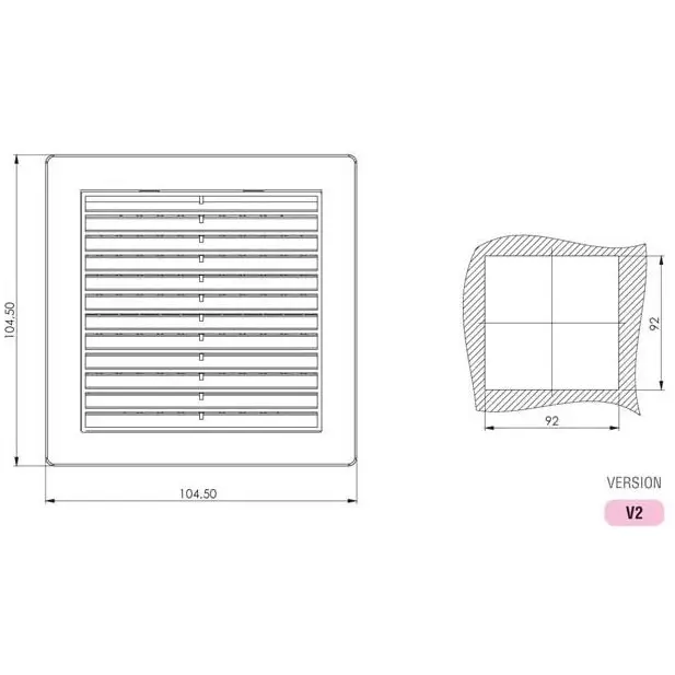 Vent, 105 × 105 mm, grey, plastic, dimensioned drawing in millimetres