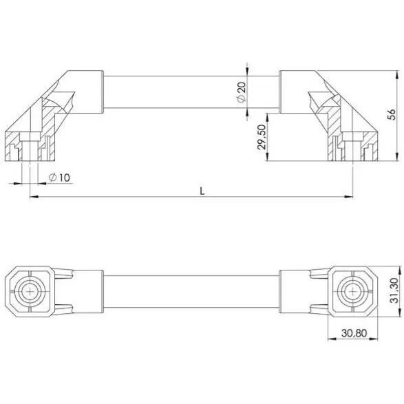 Handle, aluminium, 200 mm, dimensioned drawing in millimetres