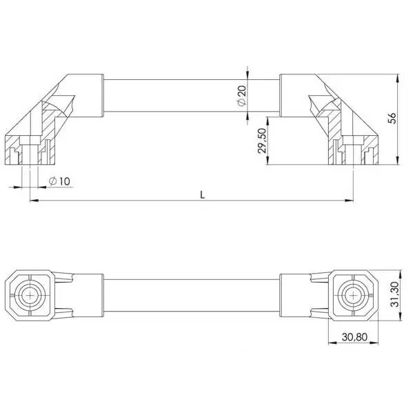 Handle, aluminium, 400 mm, dimensioned drawing in millimetres