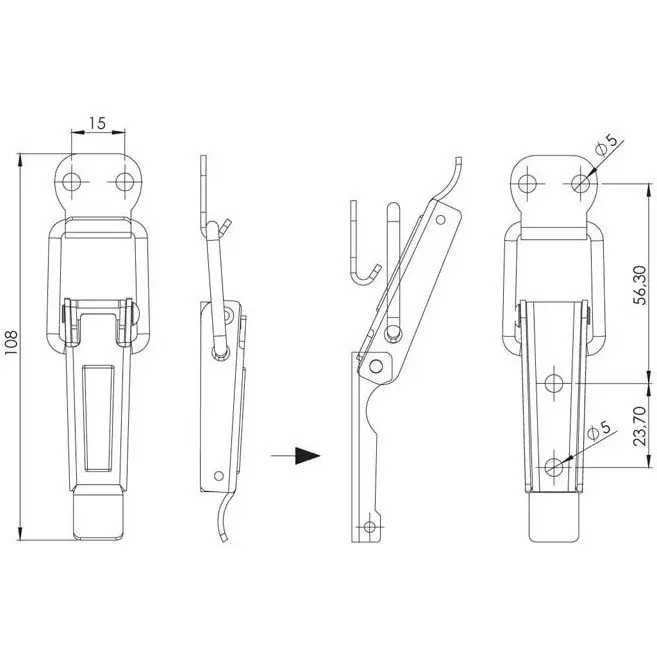 Toggle latch, steel, dimensioned drawing in millimetres