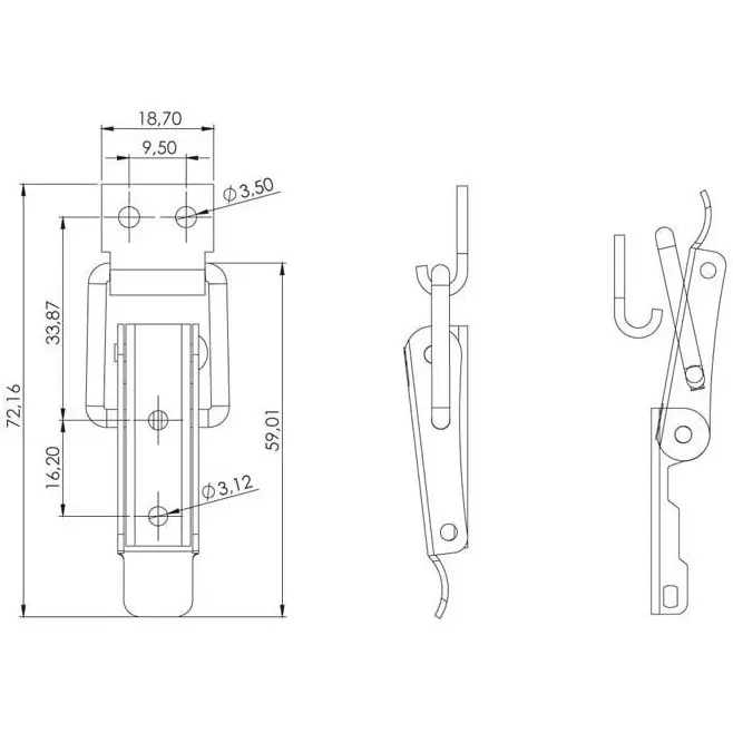 Toggle latch, steel, dimensioned drawing in millimetres