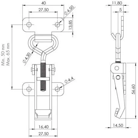 Toggle latch, adjustable, steel, dimensioned drawing in millimetres
