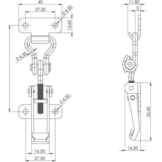 Toggle latch, adjustable, steel, dimensioned drawing in millimetres