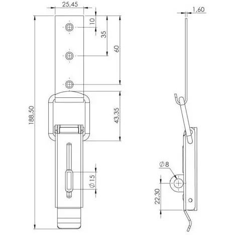 Toggle latch, steel, with padlock device, dimensioned drawing in millimetres