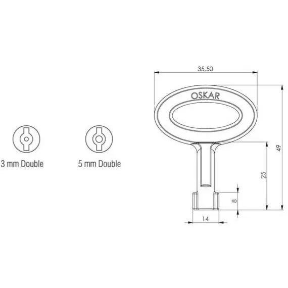 Key, medium, 3 mm double-bit, chrome, dimensioned drawing in millimetres