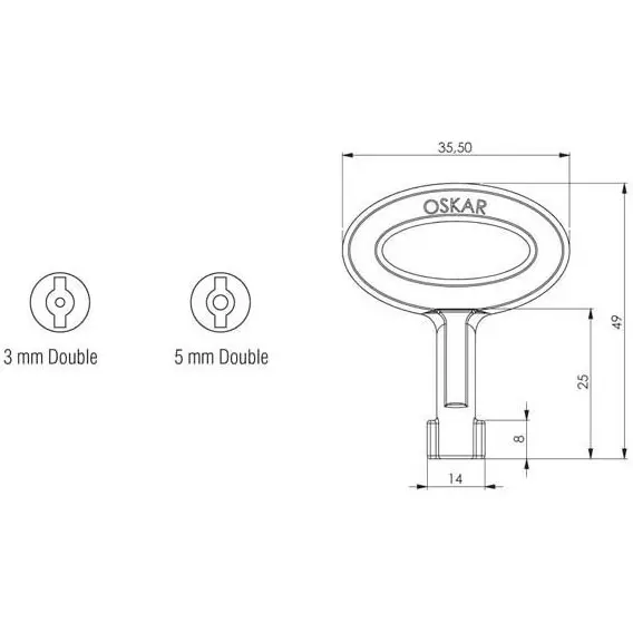 Key, medium, 5 mm double-bit, chrome, dimensioned drawing in millimetres