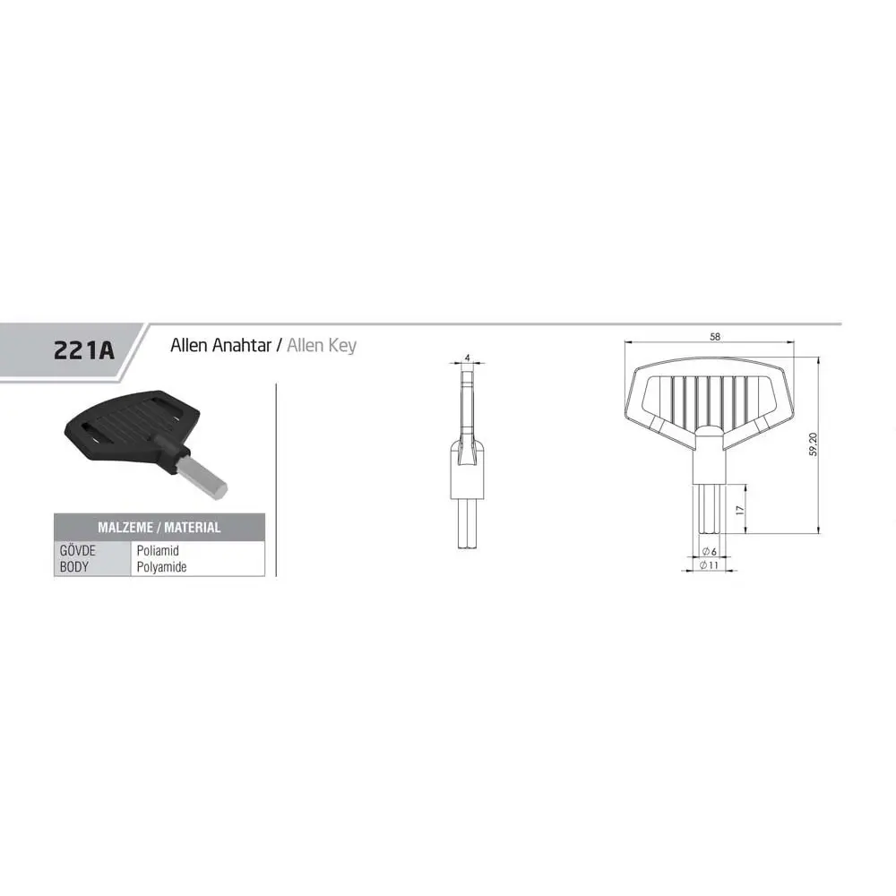 Allen key for lock, dimensioned drawing in millimetres