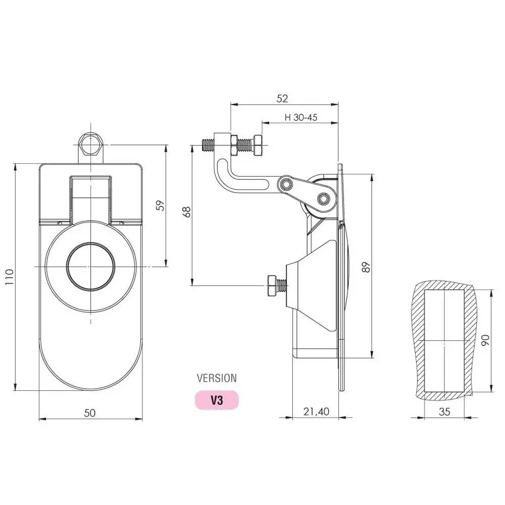 Compression lock, 30–45 mm, non-locking, no cylinder, zinc, black, dimensioned drawing in millimetres