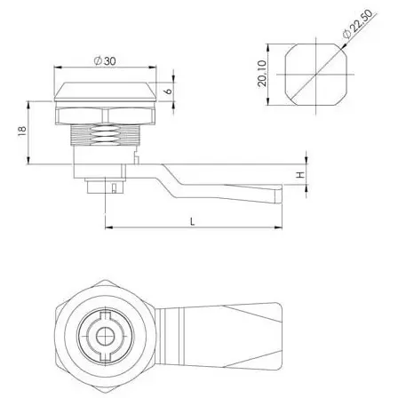 Quarter-turn cam lock, zinc, chrome plated, 6 mm square, dimensioned drawing in millimetres
