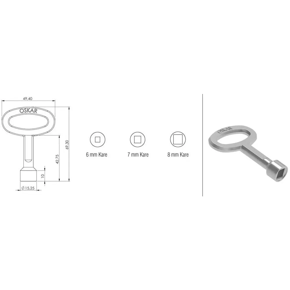 Key, large, 6 mm square, chrome, dimensioned drawing in millimetres