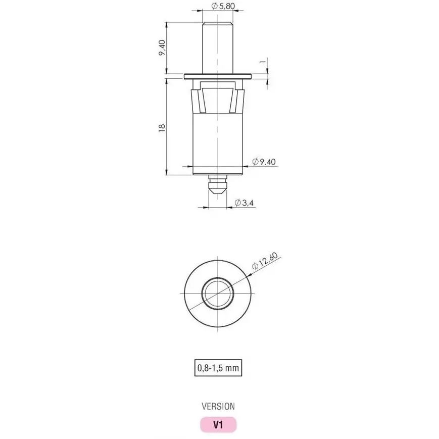 Hinge, plastic, with spring, for, 1.5 mm, thickness, dimensioned drawing in millimetres