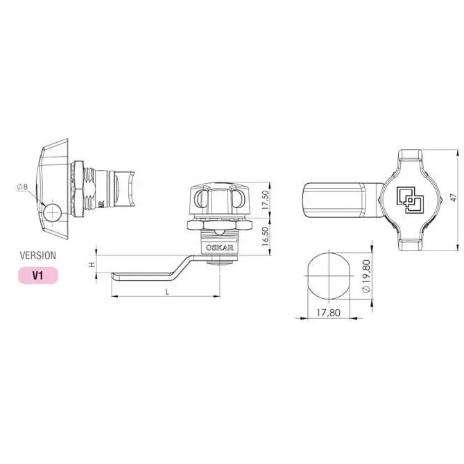 Wing knob, padlockable, chrome plated, left side, dimensioned drawing in millimetres